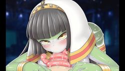 1boy black_hair blush fellatio female frog_girl green_skin long_tongue looking_at_viewer medium_hair monster_girl oral_sex penis pov tokyo_devil_prison tokyo天魔デビルプリズン tongue tonguejob yellow_eyes