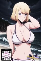 ai_generated bangs beach big_breasts bikini blonde_hair blush breasts cleavage closed_mouth clothing female littlehentai looking_at_viewer navel night ocean outside purple_eyes savitar savitar_(artist) short_hair sky swimsuit waves white_bikini white_swimsuit