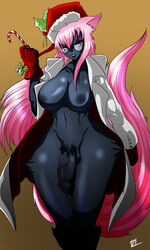121gigawatts animal_ears anthro bells big_breasts big_penis blue_skin breasts candy_cane cat_ears christmas coat doctor dr._beatrixs feline female flaccid furry futa_on_female futanari glasses gloves hair intersex large_breasts large_penis looking_at_viewer mistletoe penis pink_hair santa_hat tail