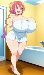 ai_generated bathroom dragon_girl dragon_horns huge_breasts ilulu_(dragon_maid) miss_kobayashi's_dragon_maid pink_eyes pink_hair sharp_teeth smile thick_thighs towel_only two_tone_hair