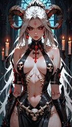 ai_generated black_sclera demon demon_horns dress manofmidas oc ram_horns red_eyes skulls white_hair