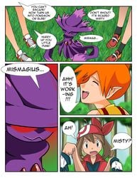 2girls brown_hair comic english_text female female_only human jitenshasw kasumi_(pokemon) may_(pokemon) mismagius multiple_girls nintendo orange_hair pokemon pokemon_(species) pokemon_transformation pokephilia red_eyes text transformation