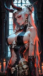 ai_generated black_sclera cleavage demon demon_horns dress manofmidas oc ram_horns red_eyes sideboob skulls white_hair