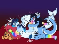 4_horns anal anal_sex anthro armwear aroused balls bed big_breasts big_penis black_hair black_spikes blue_body blue_eyes blue_hair blue_highlights blue_nipples blue_penis blush bodily_fluids breasts cetacean_tail clothing cum curled_tail curling_tail dragerys_kholodno dragon draigy ejaculation eyelashes footwear furniture genital_fluids genitals gynomorph gynomorph_penetrating hair hand_on_leg hand_on_thigh heart_symbol highlights_(coloring) holding_leg holding_object holding_pillow horn intersex intersex/intersex intersex_penetrating kneeling legwear long_hair looking_pleasured manuella_nanks_(character) multi_horn multicolored_armwear multicolored_clothing multicolored_footwear multicolored_legwear multicolored_socks multicolored_thigh_highs mythological_creature mythological_scalie mythology nanks_(artist) nipples penetration penis pillow plushie rainbow_armwear rainbow_clothing rainbow_footwear rainbow_legwear rainbow_socks rainbow_thigh_highs scalie side_view slightly_chubby socks spikes tail thick_thighs thigh_highs tongue tongue_out white_spikes wings