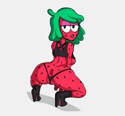 1girls asshole asshole_peek breasts breasts_out cartoon_network clothed clothing crouching crouching_female drupe fruit_humanoid ok_k.o.!_let's_be_heroes plant_girl strawberry thick_thighs