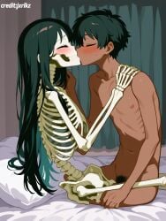 1boy1girl bed black_hair closed_eyes curtains dark-skinned_male dark_skin hand_on_shoulder kissing naked pillow room sex skeleton white_bed_sheet white_pillow