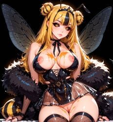 1female 1girls ai_generated antennae antennae_(anatomy) bangs bee bee_girl beebee_(stblfantasy) black_background black_bodysuit black_sclera blonde_hair buns choker cleavage eyelashes fantasy female female_only insect_girl insect_wings insects lashes light_skin long_hair makeup medium_breasts nipples original patreon perfect_body pussy ribbons see-through see-through_clothing sensual sexually_suggestive solo stable_diffusion stblfantasy straight_hair thighhighs thighs tiara yellow_eyes