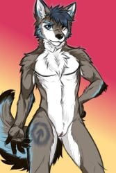 andromorph anthro arm_tuft belly blue_claws blue_hair canid canine canis cboy_logo cheek_tuft claws clitoral_hood clitoris domestic_dog elbow_tuft facial_tuft femboy fluffy fluffy_chest fluffy_ears fluffy_hair fluffy_tail fur genitals grey_body grey_fur hair half-length_portrait hand_on_hip heterochromia hi_res humanoid_genitalia humanoid_vulva husky intersex mammal masculine multicolored_body multicolored_fur neck_tuft nordic_sled_dog portrait simple_background slaveknightsylva solo spitz standing tail tucker_(marflebark) tuft vulva white_belly