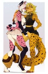 2d 2girls absurd_res anthro anthro_only big_breasts bottomwear breasts cheetah chetauri-onni clitoral_stimulation clothed clothing digital_media digitigrade duo felid feline female female/female female_only full_body fur furry hand_on_shoulder hi_res mammal mangika_(myaut) miniskirt nipple_tape panties pasties pink_body pink_fur revealing_clothes rubbing_pussy serval sex short_hair simple_background skirt solima_(myaut) standing tape underwear wet_pussy yuri