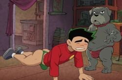 ai_assisted american_dragon:_jake_long bulge bulge_through_clothing canine embarrassed embarrassed_underwear_male excercise fu_dog_(character) green_underwear humiliation jake_long push_ups pushups shiny_clothes shocked thong thong_bikini thong_only underwear undieboi22 workout