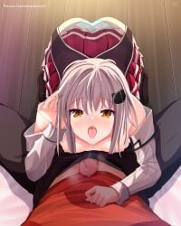 1boy 1girls ass butt female flat_chest helvetica_std high_school_dxd hyoudou_issei koneko_toujou light-skinned_female light_skin male nipples open_mouth panties penis saliva_trail spotted_panties white_hair yellow_eyes