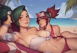 2girls ai_generated akali beach blizzard_entertainment face_markings kiriko_(overwatch) league_of_legends looking_at_viewer lying_on_side overwatch overwatch_2 ponytail riot_games rokc123 slim_waist smiling_at_viewer swimsuit tattoo