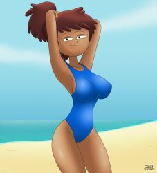 2025 amphibia_(series) anne_boonchuy arms_behind_head beach blue_swimsuit julex93 looking_at_viewer meta