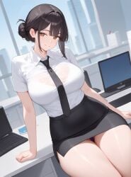 1girls ai_generated ass big_ass big_breasts black_hair cheating cheating_wife long_hair mature_female miniskirt office_clothing office_lady original_character smile thong wife zadbhell