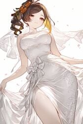 ai_generated brown_hair chiori_(genshin_impact) genshin_impact hair_ornament hoyoverse lace light-skinned_female looking_down medium_breasts medium_hair mihoyo mihoyo_technology_(shanghai)_co._ltd. red_eyes smile thighs tight_clothing tight_dress twirling_hair veil waist white_dress