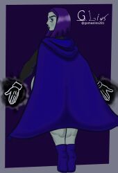 angry_face back_view blue_eyes blue_hair cape cloak clothes dc dc_comics floating flying g.lins gray_body grey_skin looking_at_viewer magic raven_(dc) raven_(teen_titans) teen_titans