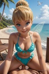 1boy ai_generated aqua_bikini artist_name beach bikini bikini_bottom_aside bird blonde_hair blue_bikini blue_eyes blue_sky blurry blurry_background breasts cleavage clothed_female_nude_male clothing_aside cloud collarbone cowgirl_position cowgirl_position day disney eugenericai fairy fairy_wings female frilled_bikini frills hair_bun lips looking_at_viewer medium_breasts navel nude ocean outdoors palm_tree penis peter_pan_(disney) pov pussy sex single_hair_bun sky smile solo_focus spread_legs straddling straight swimsuit tinker_bell tree uncensored vaginal_penetration water wings