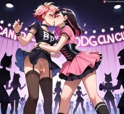 ai_generated black_hair blonde_hair boobly club futa_with_futa futanari goth kissing public_nudity punk stockings upskirt