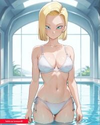 2025 ai_generated android18dx android_18 anicom61 blonde_female blonde_hair blue_eyes dragon_ball dragon_ball_super dragon_ball_z instagram looking_at_viewer meta pool poolside wet wetting white_bikini