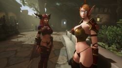 2girls 3d alexstrasza bikini_armor blood_elf elf elf_female game_screenshot horns panties red_hair world_of_warcraft