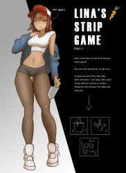 brown_hair cap chiotosaurio hoodie lina_(celina_quintana) original original_character solo_female strip_game