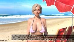 3d ass_bigger_than_head beach big_ass bikini blonde_hair dialogue_box looking_at_viewer milf prime3dx sarah_morgan smile starfield