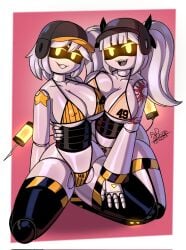 2girls arm_tattoo female female_only helmet j_(murder_drones) kneeling long_hair murder_drones orange_underwear robot robot_girl robot_humanoid rod_akihiro screen_face short_hair star tail tattoo twintails underwear v_(murder_drones) white_body white_hair yellow_eyes yellow_underwear