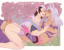 animal_ears aphelios ass ass_focus big_ass big_ass_(male) big_butt big_butt_(male) big_penis clothed clothed_sex clothing couple couple_(romantic) deerlykaia digital_media_(artwork) gay gay_male gay_sex imminent_penetration imminent_sex league_of_legends licking licking_face lying lying_on_person male male/male male_penetrated male_penetrating male_penetrating_male muscular muscular_male pants_removed penis penis_in_ass precum precum_drip riot_games round_ass round_butt semi_nude sett shirt_only size_difference spirit_blossom_aphelios spirit_blossom_series spirit_blossom_sett vastaya video_games