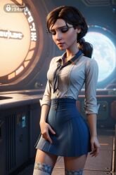 1girls ai_generated artist_name bioshock bioshock_infinite blue_skirt breasts brown_hair closed_eyes collared_shirt cowboy_shot elizabeth_comstock hi_res high-waist_skirt lips long_hair low_ponytail makeup medium_breasts nose patreon_username ponytail r34arts realistic shirt shirt_tucked_in skirt solo standing thighhighs tied_hair watermark web_address white_shirt white_thighhighs zettai_ryouiki