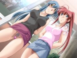 2girls blue_hair game_cg multiple_girls pussy red_hair sagara_arisa sagara_family sagara_sanae sisters sweat uncensored zyx