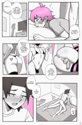 2boys anal anal_sex ass balls bandaid black_hair comic comic_page dross gay jacob_(dross) light-skinned_male light_skin male micro_bra monochrome penis pink_hair socks sweat tagme taylor_(dross) yaoi