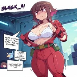 ai_generated big_breasts bl4ck_ai clothed comic exposed_breasts pilot_suit rust_(shangri-la-frontier) shangri-la_frontier sunraku trembling underwear undressing white_lingerie