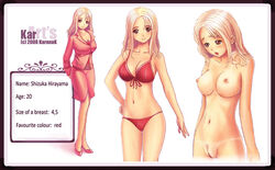 blonde_hair bra bra_removed breasts character_profile female jacket karanak large_breasts long_hair navel nipples panties panties_removed pink_eyes pubic_hair pussy red red_shoes shirt skirt suit tanline