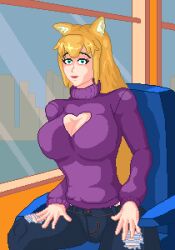 animated aoi_futaba_(fox) big_breasts blue_eyes bus darkpiccolo female fox_ears fox_girl fox_tail gold_hair gold_tail jiggling_breasts lifting_shirt squeezing_breast