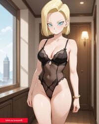 2025 ai_generated android_18 anicom61 blonde_female blonde_hair blue_eyes bracelet dragon_ball dragon_ball_super dragon_ball_z earrings house lingerie lingerie_only meta