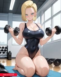 2025 ai ai_assisted ai_generated android_18 anicom61 black_swimsuit blonde_female blonde_hair blue_eyes dragon_ball dragon_ball_super dragon_ball_z gym looking_at_viewer meta