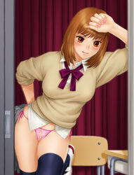 1girls arm_rest arm_support blush bob_cut bottomless bowtie breasts brown_eyes brown_hair chair crotchless_panties curtains doorway female highres leaning long_hair nail_polish no_pants original panties pink_panties pointy_chin pussy school_uniform shoes skirt skirt_removed sleeves_rolled_up smile solo sweater thighhighs unbuttoned uncensored underwear uwabaki yui_toshiki