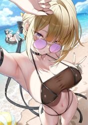 2girls astra_yao bare_shoulders beach bikini black_bikini black_hair blonde_hair blue_sky blush breasts choker cleavage commentary_request earrings evelyn_chevalier hair_ornament innertube jewelry large_breasts looking_at_viewer medium_hair multiple_girls navel ocean outdoors purple_eyes round_eyewear shore sky solo_focus sunglasses swim_ring swimsuit thighs white_bikini zenless_zone_zero zukky