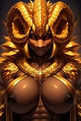 ai_generated big_breasts brown_scales curved_horns elder_dragon gold_scales horns kulve_taroth monster_hunter red_eyes scorpianpp self_upload solamandra_(scorpianpp) solo_female stable_diffusion