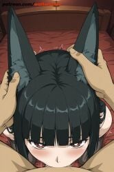 ai_generated animal_ear_fluff animal_ears animal_humanoid black_hair blowjob blush deepthroat fellatio fox_ears fox_girl from_above head_grab hoshimi_miyabi kneeling looking_at_viewer male_pov open_mouth oral penis pov red_eyes saliva sloppy standing sucking sucking_penis uncensored waitercolor zenless_zone_zero