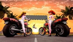 2024 2girls 3d 3d_model 3d_render ass big_ass big_breasts big_butt big_thighs biker biker_clothes biker_girl blonde_hair bowsette breasts dat_ass guinreds horns long_hair looking_at_viewer looking_pleasured mario_(series) mario_kart motorcycle mouth nintendo open_mouth palm_tree pointy_breasts pony_tail ponytail princess_peach race racing racing_suit red_eyes red_hair shiny_ass shiny_breasts shiny_butt shiny_hair shiny_skin sunset thick_thighs thighs white_skin white_skinned_female yellow_hair