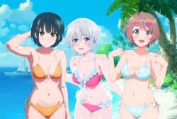 3girls bare_legs bare_shoulders blue_bikini blue_hair brown_hair cleavage collarbone frilled_bikini looking_at_viewer medium_breasts orange_bikini pink_bikini short_hair silver_hair string_bikini