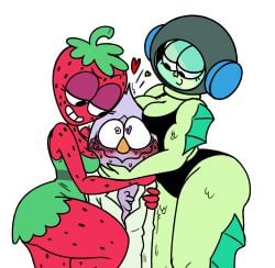 1boy 2girls alternate_version_available beak breasts_on_head cartoon_network clothed color_edit diving_belle diving_helmet drupe drupe_(fruit) fat_ass fish_girl fish_humanoid fruit_humanoid gollyollyoxenfree green_dress ok_k.o.!_let's_be_heroes pird plant_girl red_skin strawberry swimsuit thick_thighs