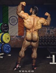 3d 3d_(artwork) 3d_model bodybuilder hairy hairy_male indian_flag indian_male male male_focus male_only muscle_ass muscle_butt nude_pose proud solo solo_focus solo_male viewed_from_behind yolco