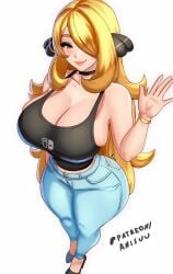 1girls absurd_res anisdrawn breasts casual cleavage cynthia_(pokemon) female female_focus female_only hi_res large_breasts light-skinned_female light_skin looking_at_viewer midriff nintendo pokemon solo thick_thighs thighs wide_hips