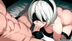 1boy1girl ai_generated amoraart bedroom_sex black_gloves black_thighhighs blindfold blowjob cum cum_drip cum_on_face cum_on_lips deepthroat gloves nier:_automata nier_(series) open_mouth saliva sweat thighhighs yorha_2b