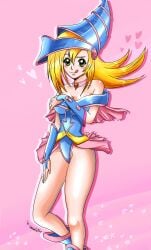 big_breasts dark_magician_girl green_eyes hat heart huge_breasts huge_thighs jewelry orange_hair pink_background samanta95 smile star thighs tongue yellow_hair yu-gi-oh!