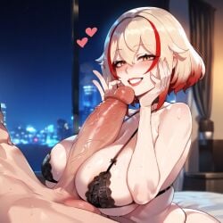 1boy 1girls ai_generated ass azur_lane big_breasts blonde_hair breasts female female_focus hips huge_ass huge_breasts large_breasts lingerie looking_pleasured paizuri roon_(azur_lane) short_hair thick_thighs thighs