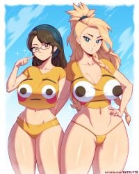 2girls alma_(monster_hunter_wilds) big_breasts blonde_hair breasts brown_hair brown_hair_female female gemma_(monster_hunter_wilds) monster_hunter satelyte tagme yellow_bikini