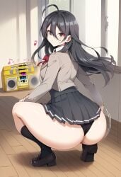 1girls absurd_res ai_generated ass ass_shake black_footwear black_hair black_panties black_skirt black_socks body_control boombox bow bowtie collared_shirt dekutree10 gold_boombox_(prevence) grey_jacket hair_between_eyes hi_res hypnosis jacket kimishima_ayano loafers long_hair long_sleeves looking_at_viewer looking_back musical_note panties pleated_skirt red_bow red_bowtie school_uniform shirt skirt socks tokidoki_bosotto_russian_de_dereru_tonari_no_alya-san twerk twerk_hypnosis twerking uniform upskirt